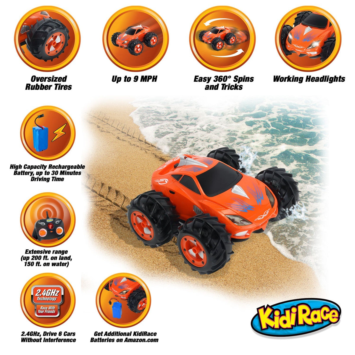 KidiRace Amphibious RC Car, Orange - 360° Spin Aqua Stunt Car — product view, view 2 | Judaica Square Lakewood