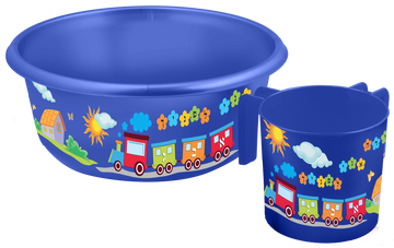 Dark blue negel vasser pail and cup for kids, printed with a bright train of Hebrew letters
