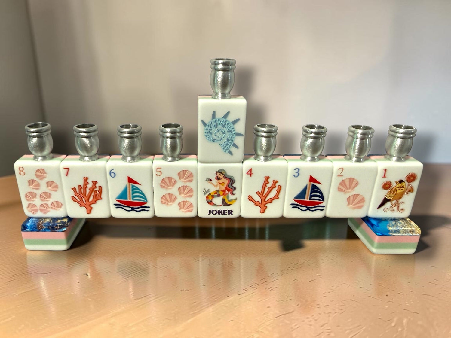 Mah Jongg menorah — repurposed game tiles with numbered aluminum candle cups | Judaica Square Lakewood (view 19)
