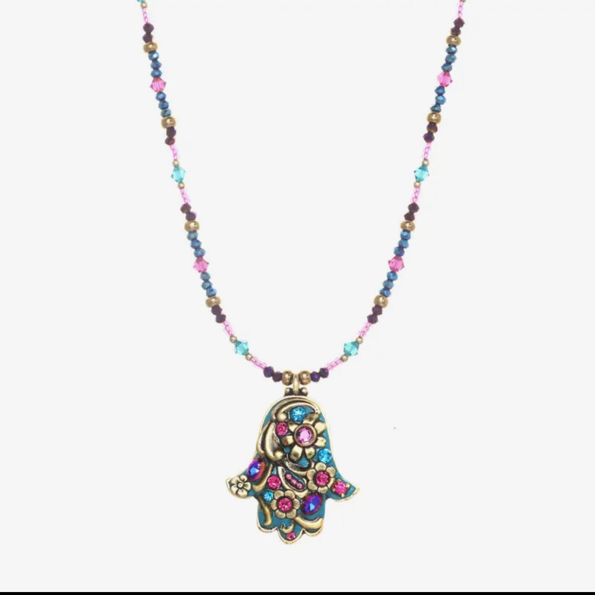 Michal Golan teal mosaic hamsa pendant with crystals and gold trim | Judaica Square Lakewood (view 6)