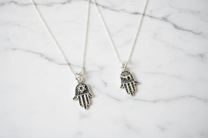 Sterling silver filigree hamsa pendant with Chai cutout on box chain | Judaica Square Lakewood