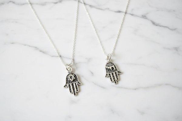 Sterling silver filigree hamsa pendant with Chai cutout on box chain | Judaica Square Lakewood