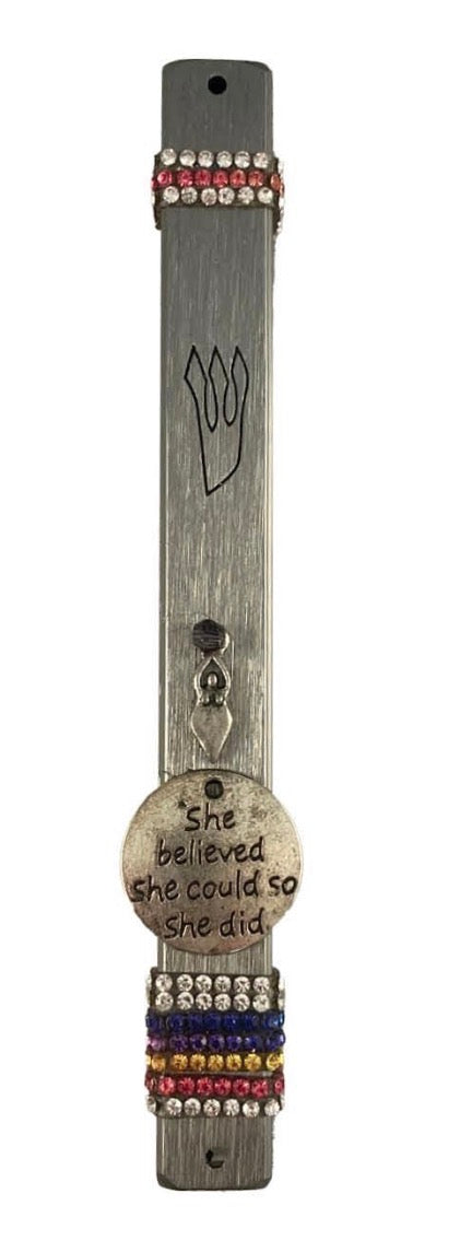 Women's rights mezuzah — pink rhinestones and gold uterus pin | Judaica Square Lakewood (view 6)