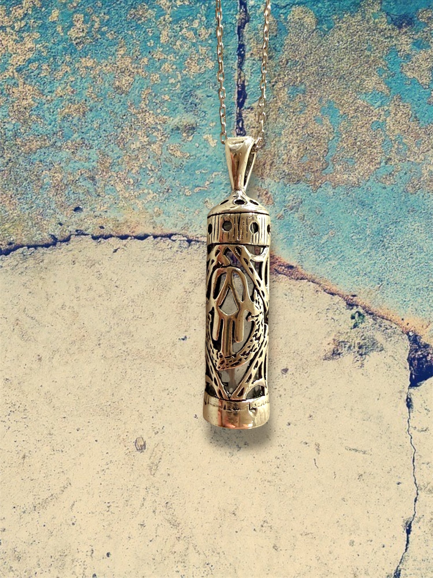Sterling silver mezuzah case pendant with hamsa design and chain | Judaica Square Lakewood (view 4)