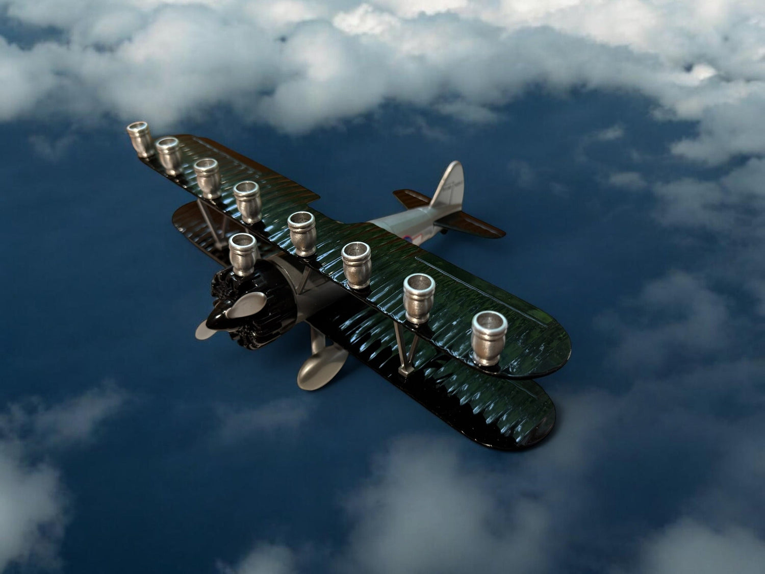 Vintage Airplane Menorah — die-cast metal plane bank fitted with aluminum cups | Judaica Square Lakewood (view 5)