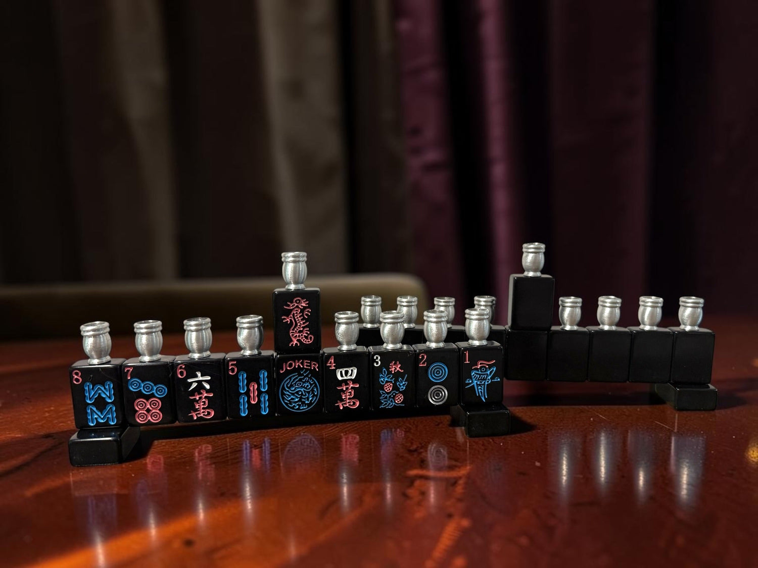 Mah Jongg menorah — repurposed game tiles with numbered aluminum candle cups | Judaica Square Lakewood (view 24)