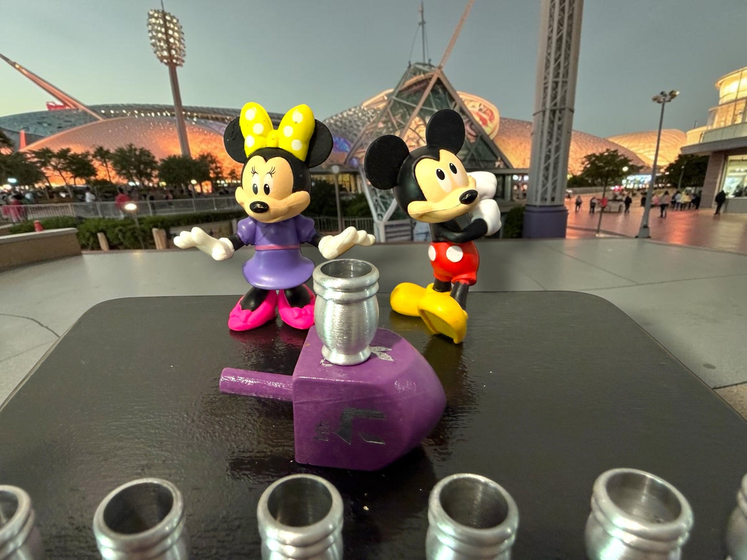 Mickey and Minnie Mouse menorah — repurposed Disney figures on painted wood plaque | Judaica Square Lakewood (view 15)
