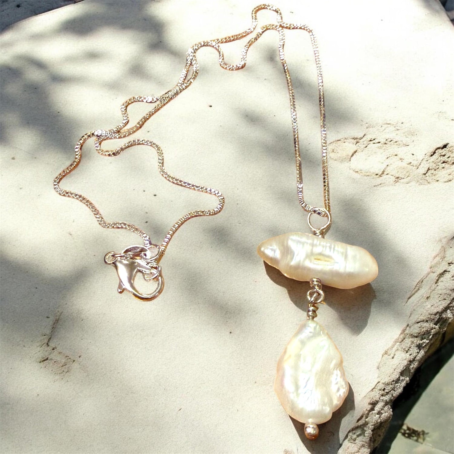 Freshwater pearl dangling in sterling silver wire on a box chain | Judaica Square Lakewood (view 2)