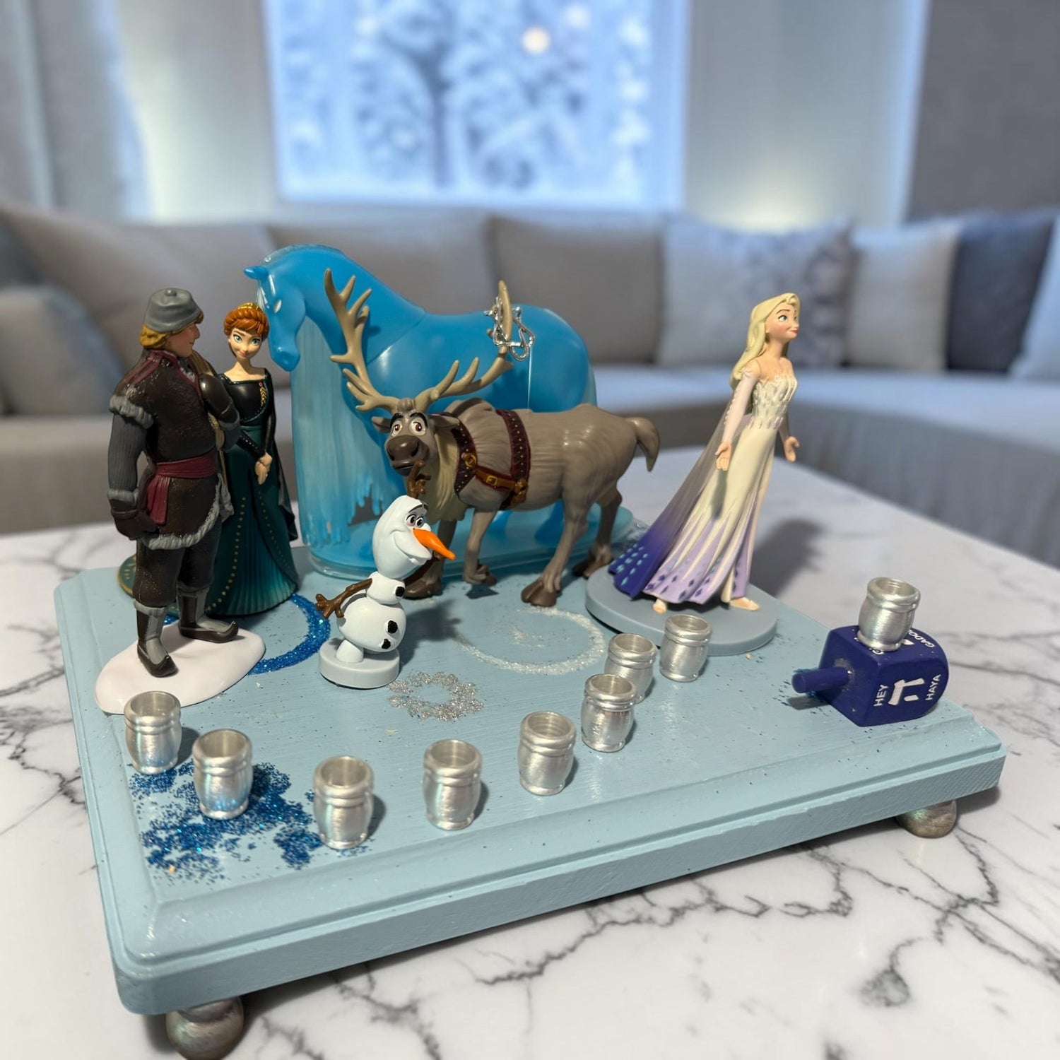 Frozen Menorah — Anna and Elsa figures with glitter dreidel shamash | Judaica Square Lakewood (view 10)