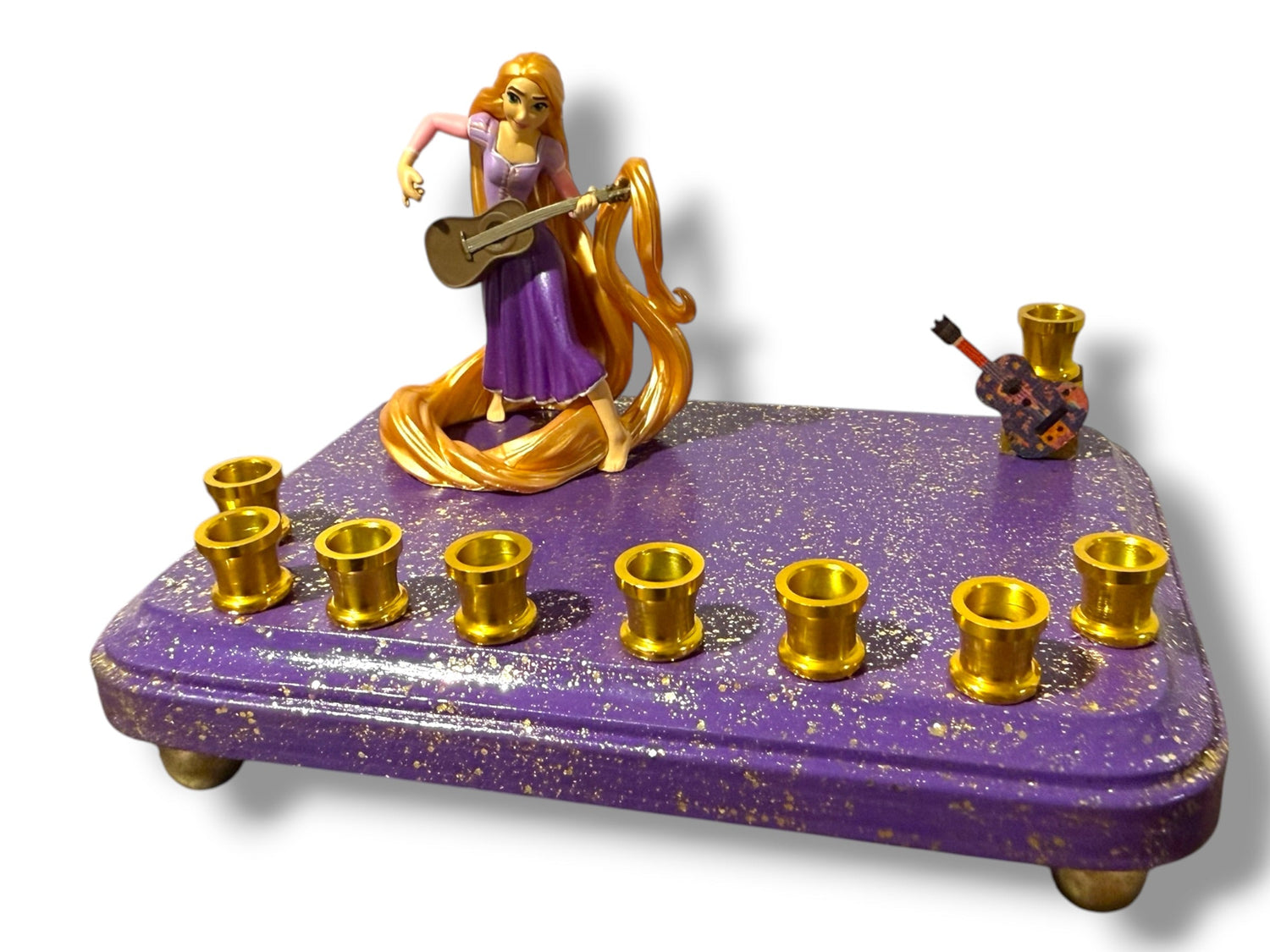 Rapunzel menorah — Tangled figure with wooden guitar shamash on painted base | Judaica Square Lakewood (view 14)