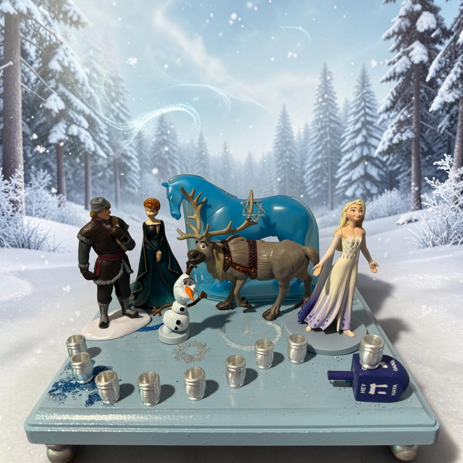 Frozen Menorah — Anna and Elsa figures with glitter dreidel shamash | Judaica Square Lakewood (view 7)