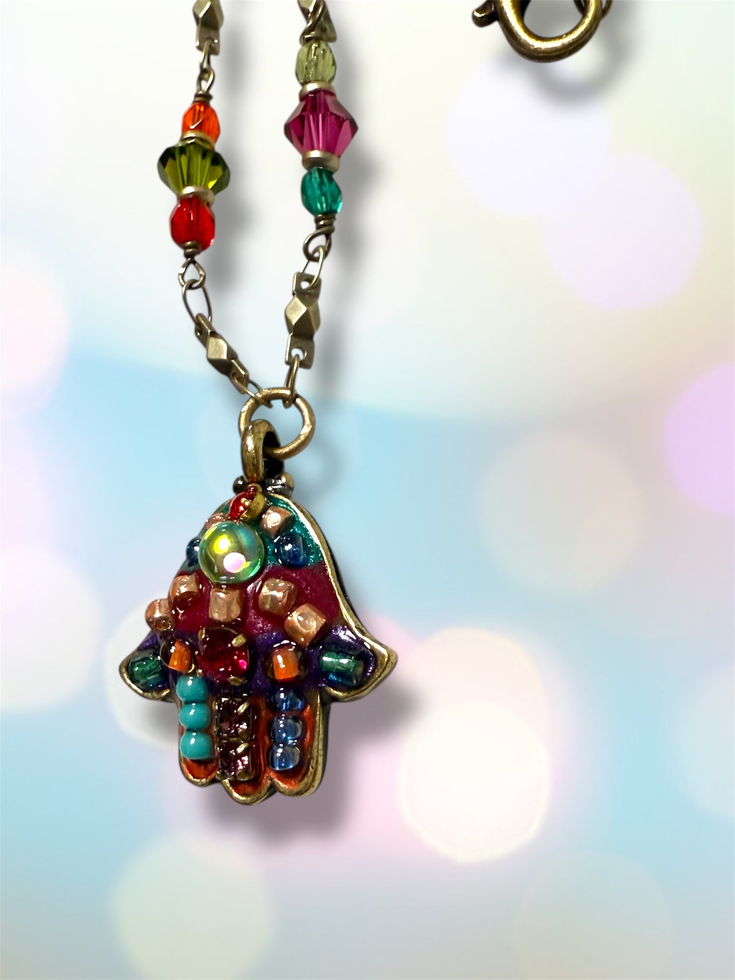 Multicolor hamsa necklace — bright glass mosaic gold pendant | Judaica Square Lakewood (view 7)