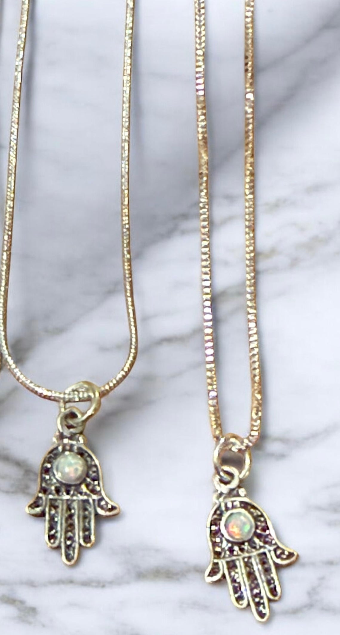 Sterling filigree hamsa pendant with blue opal stone on snake chain | Judaica Square Lakewood (view 6)