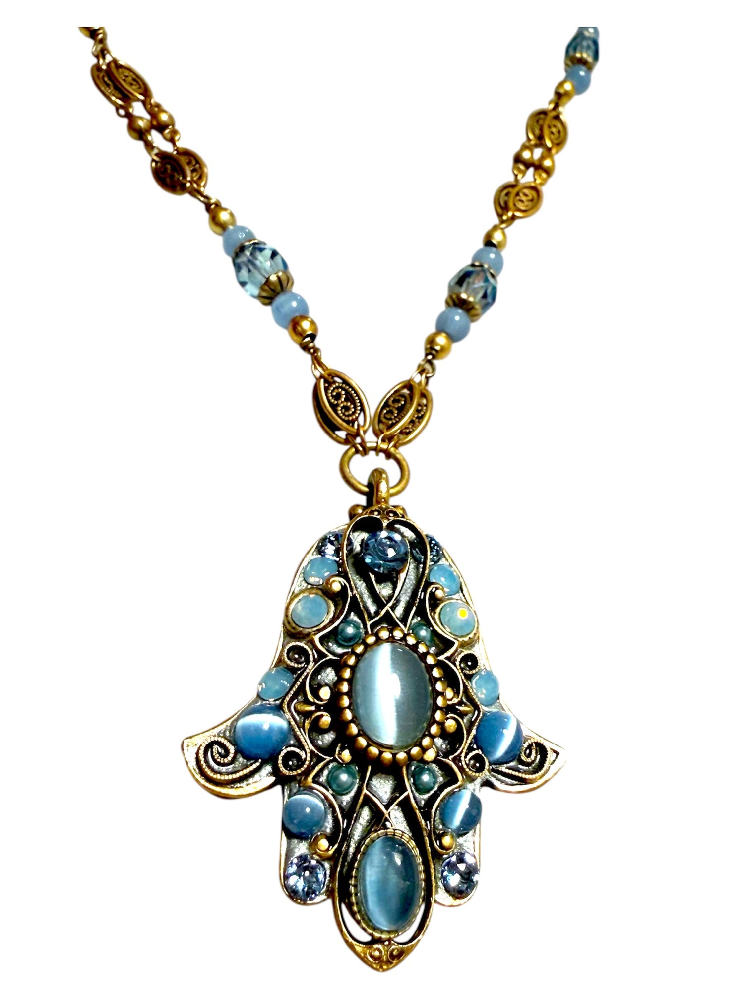 Bluebell hamsa necklace — blue Swarovski and cat's eye pendant | Judaica Square Lakewood (view 2)