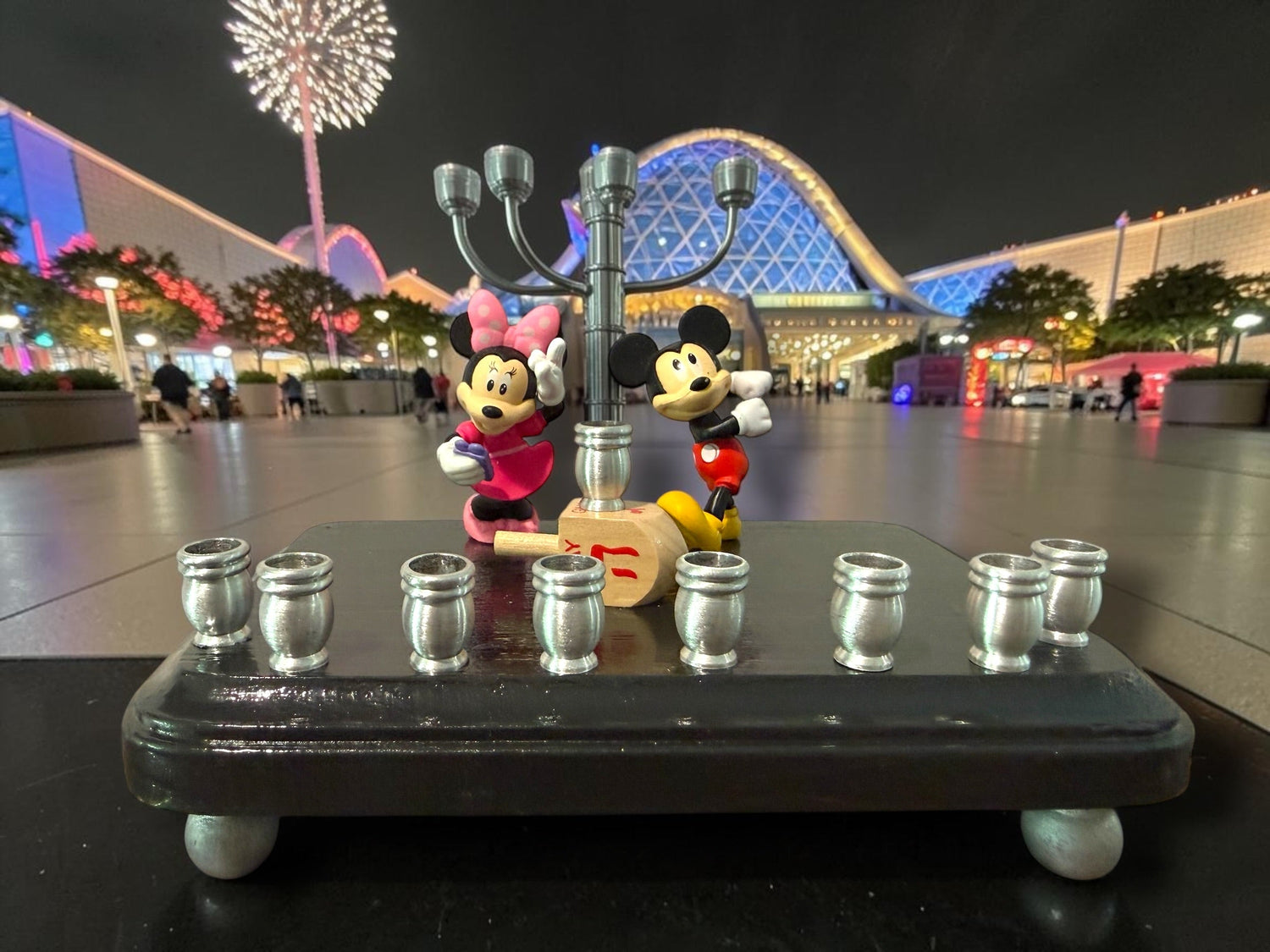 Mickey and Minnie Mouse menorah — repurposed Disney figures on painted wood plaque | Judaica Square Lakewood (view 21)
