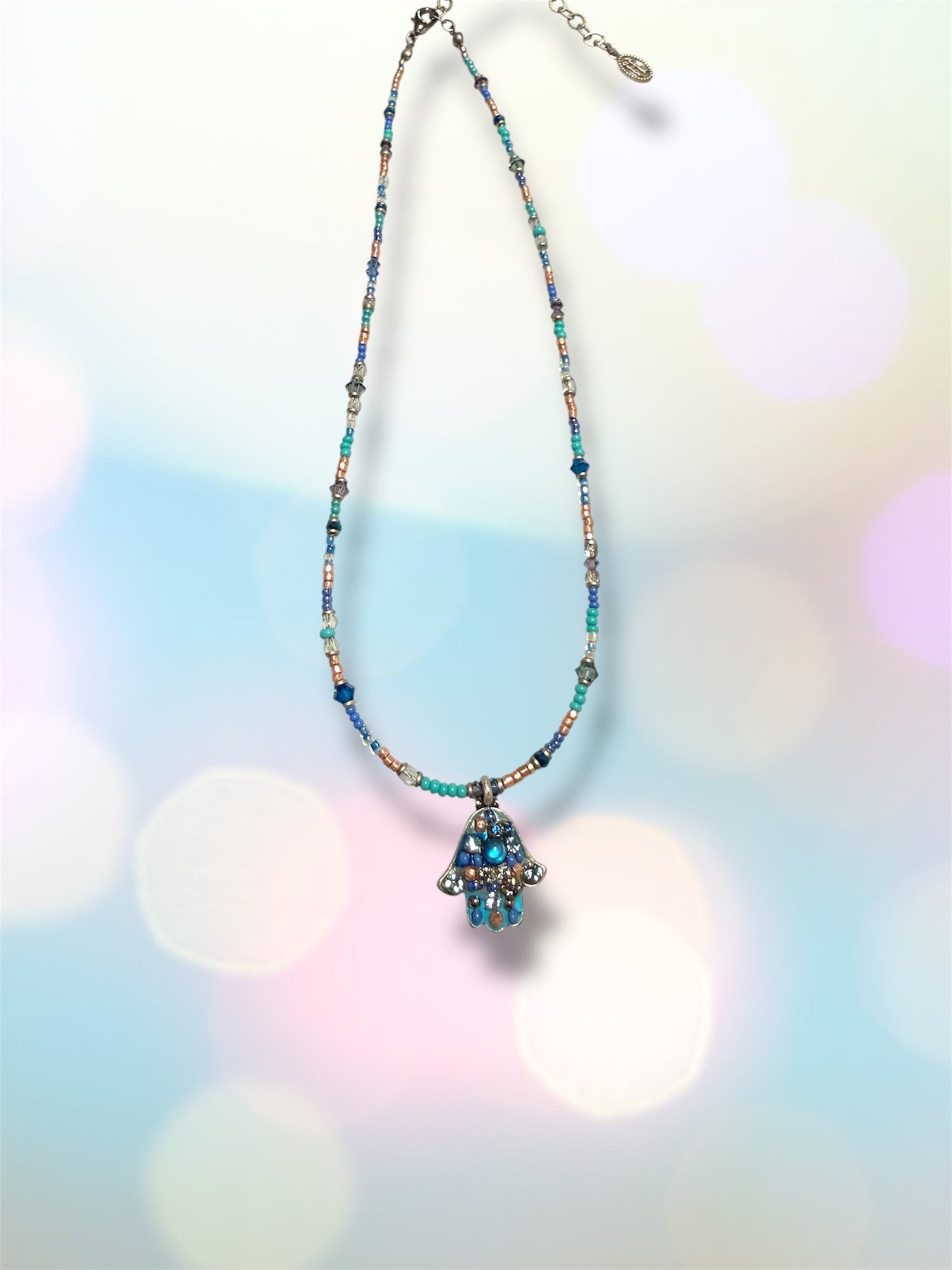 Small blue mosaic hamsa necklace — cobalt glass gold pendant | Judaica Square Lakewood (view 9)
