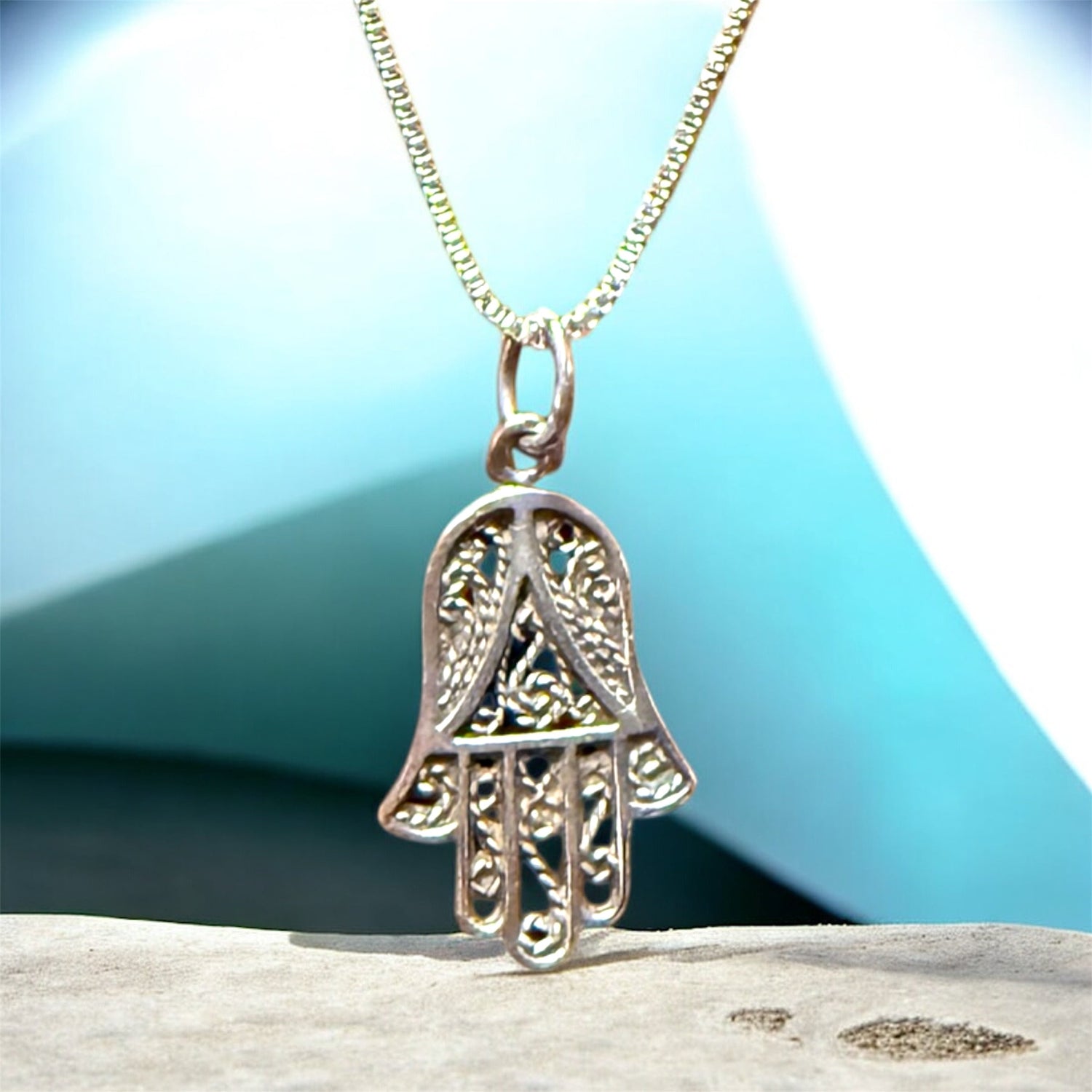 Vintage lacy filigree hamsa hand pendant in sterling silver | Judaica Square Lakewood (view 3)