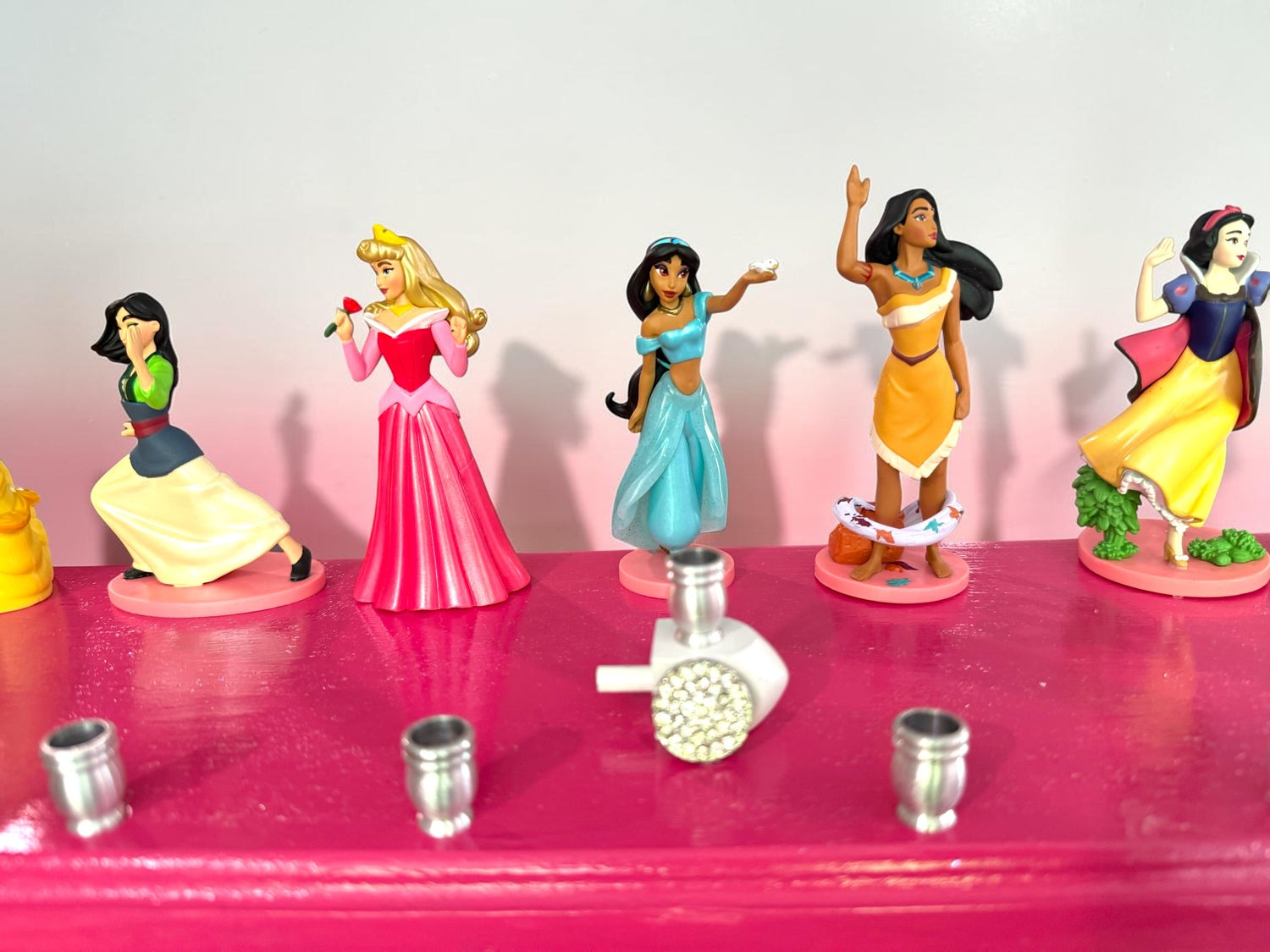 Classic Disney princess menorah — row of repurposed princess figures on pink glitter plaque | Judaica Square Lakewoo (view 8)