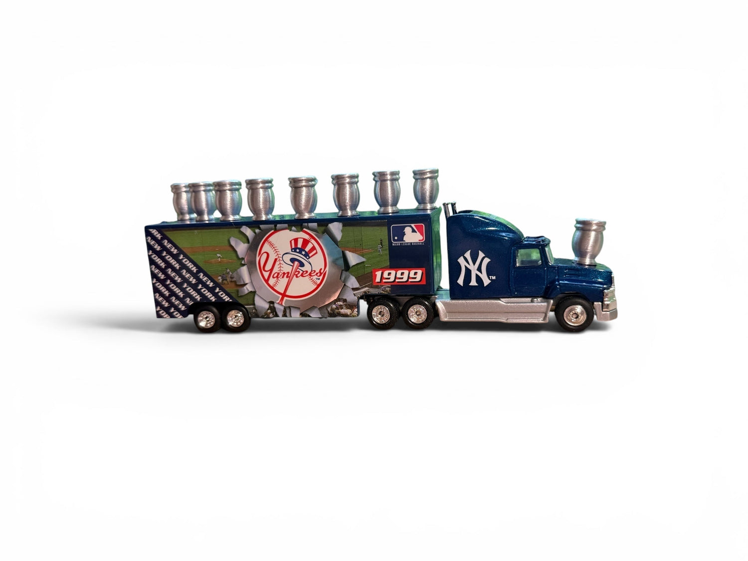 Yankees truck menorah — vintage die-cast baseball truck with a row of aluminum candle cups | Judaica Square Lakewood (view 8)