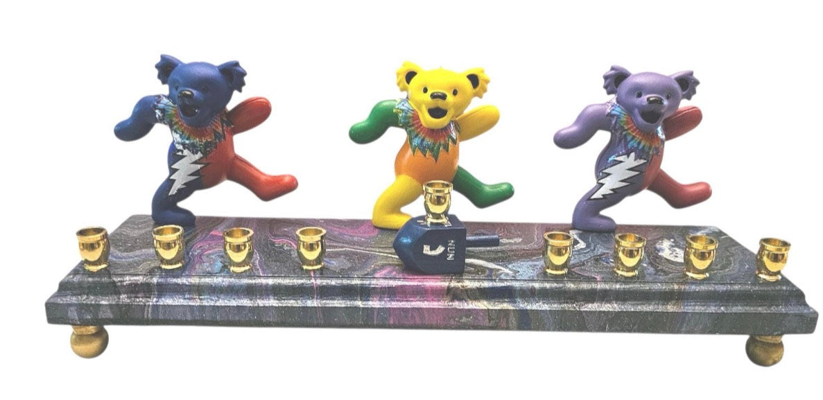 Psychedelic Dancing Bears Menorah — bear figures on a swirled paint-poured base | Judaica Square Lakewood (view 9)