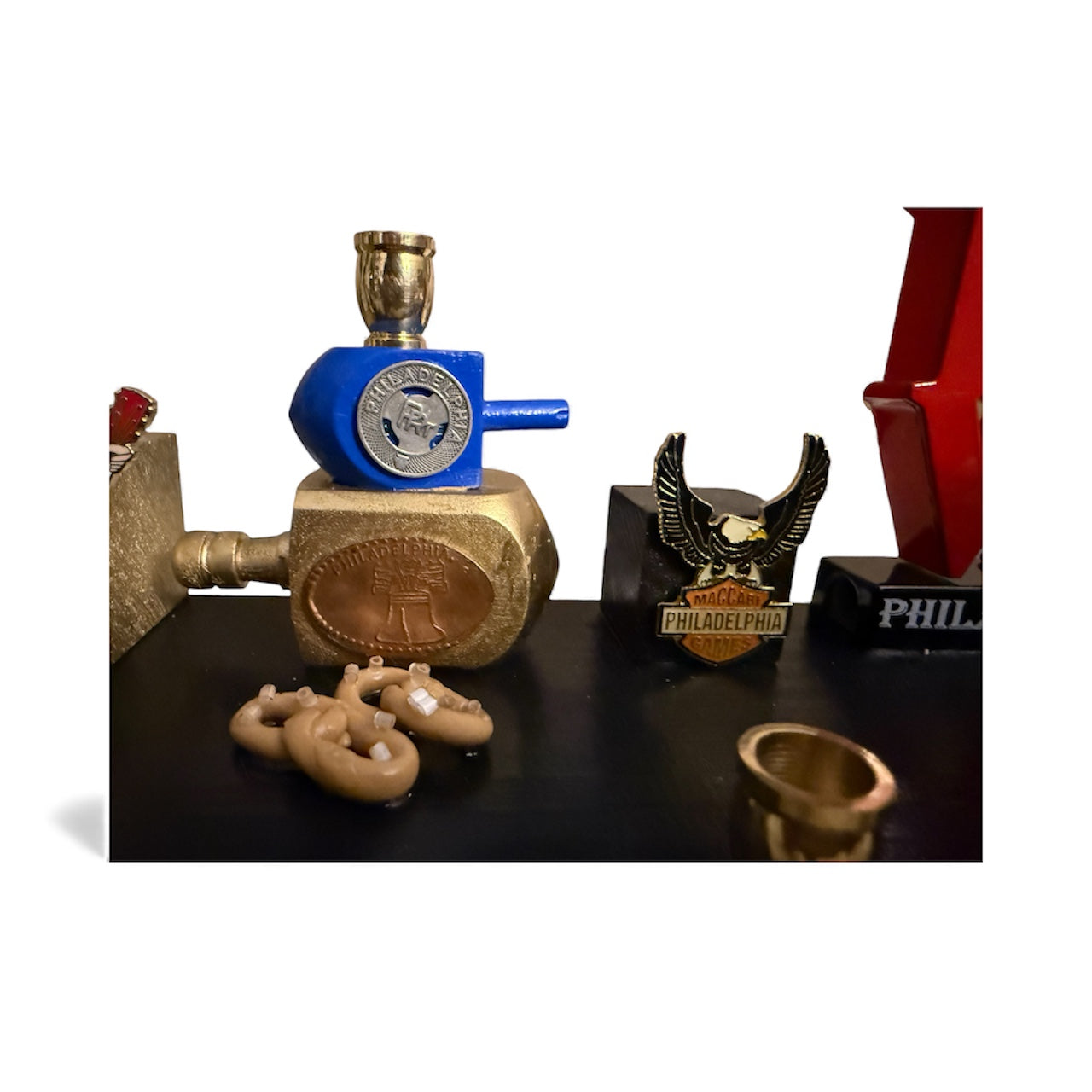 Philadelphia collector menorah — vintage pins, transit token and handmade pretzels | Judaica Square Lakewood (view 3)