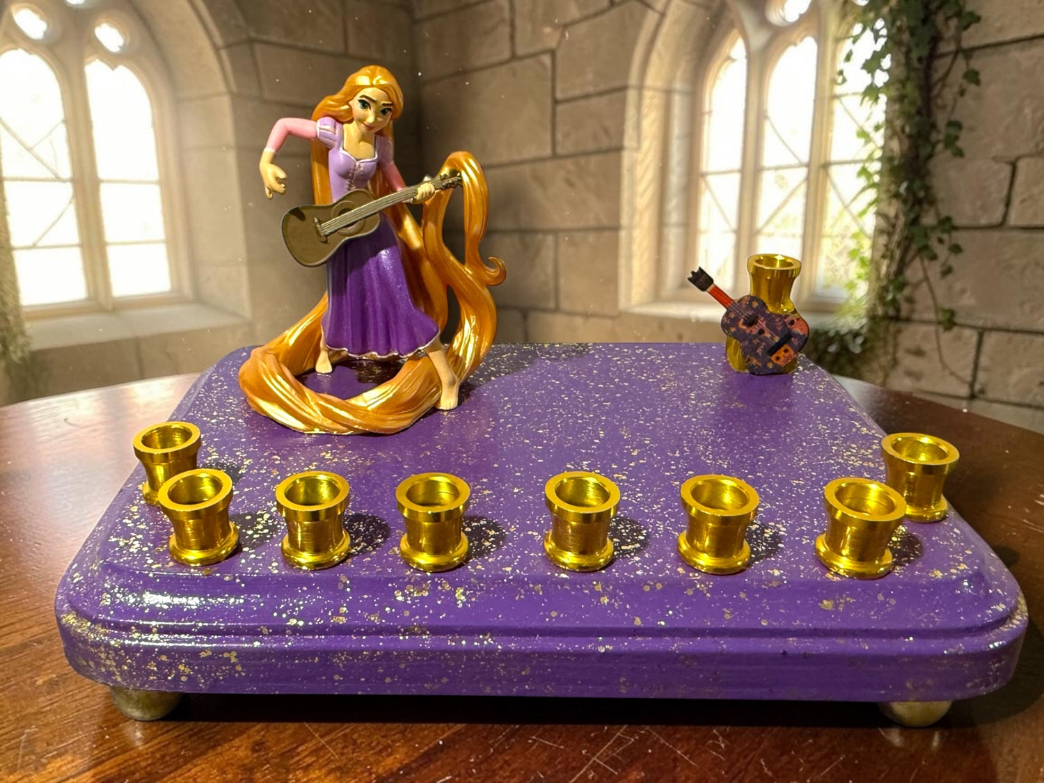 Rapunzel menorah — Tangled figure with wooden guitar shamash on painted base | Judaica Square Lakewood (view 6)
