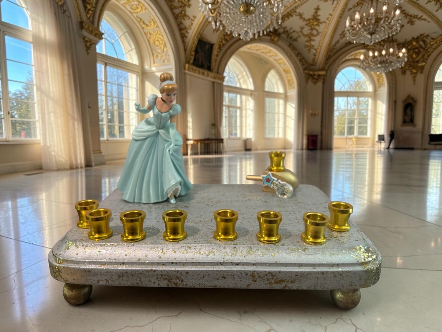 Cinderella menorah — Disney princess figurine on silver base with nine gold cups | Judaica Square Lakewood (view 13)