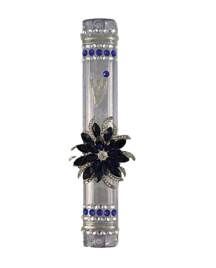 Sparkly blue flower mezuzah case — blue enamel bloom and rhinestones on acrylic | Judaica Square Lakewood