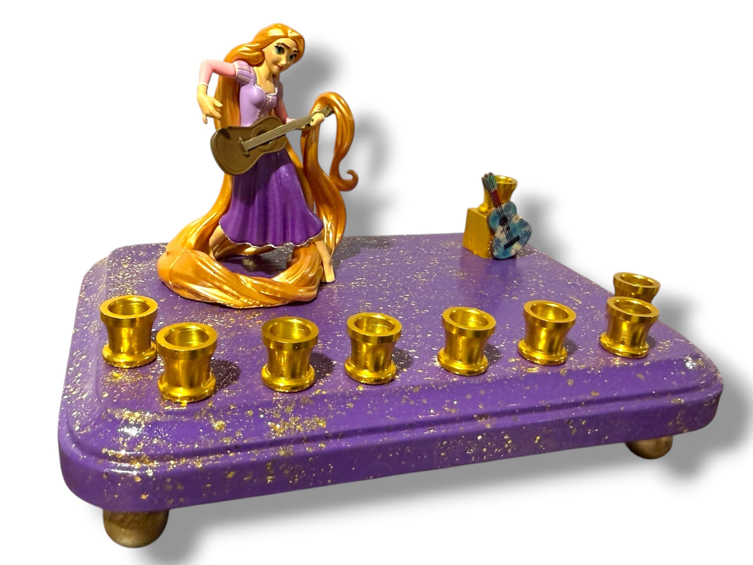 Rapunzel menorah — Tangled figure with wooden guitar shamash on painted base | Judaica Square Lakewood (view 10)