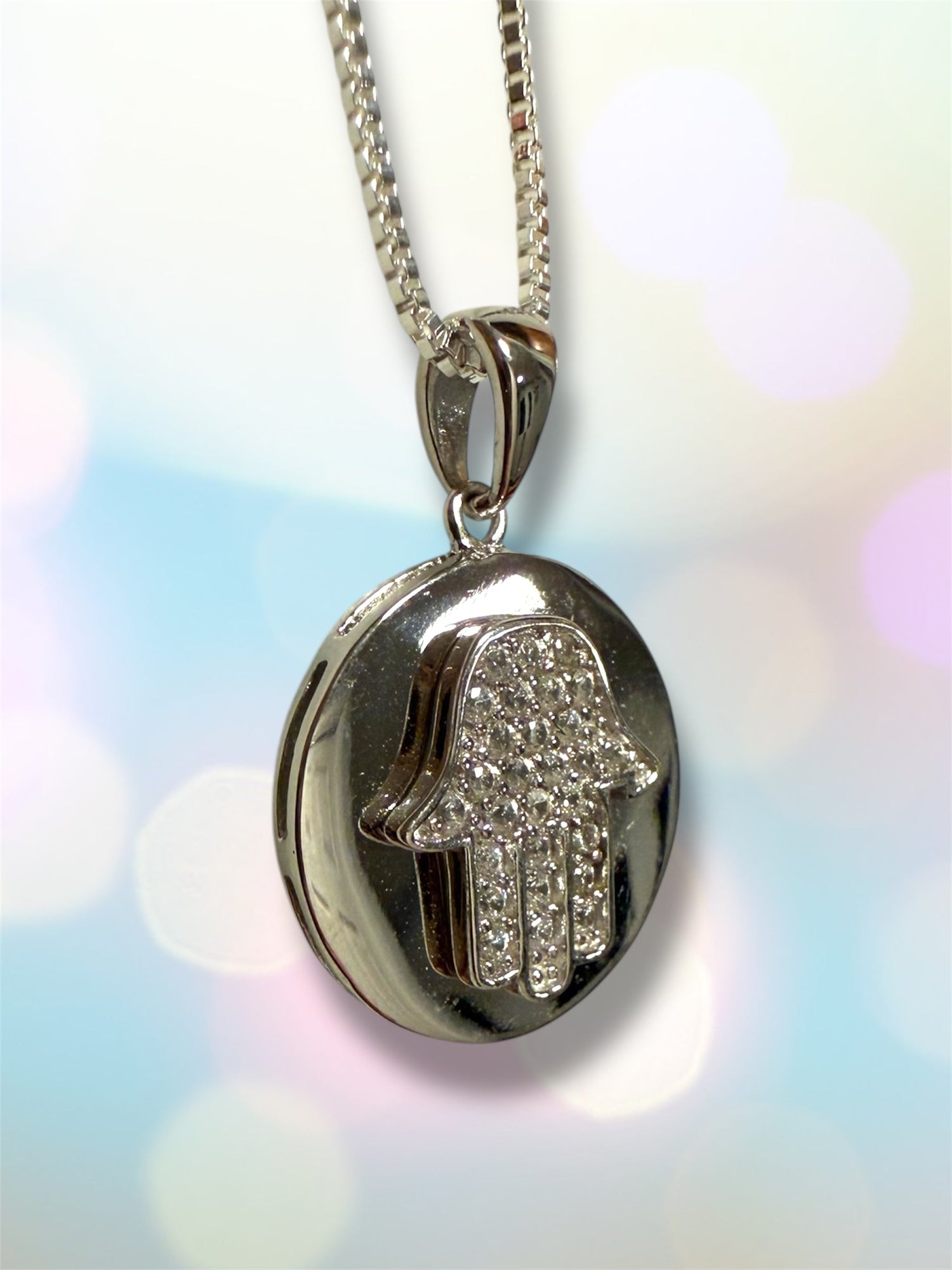 Circle hamsa necklace — sterling silver disc with cubic zirconia | Judaica Square Lakewood (view 2)