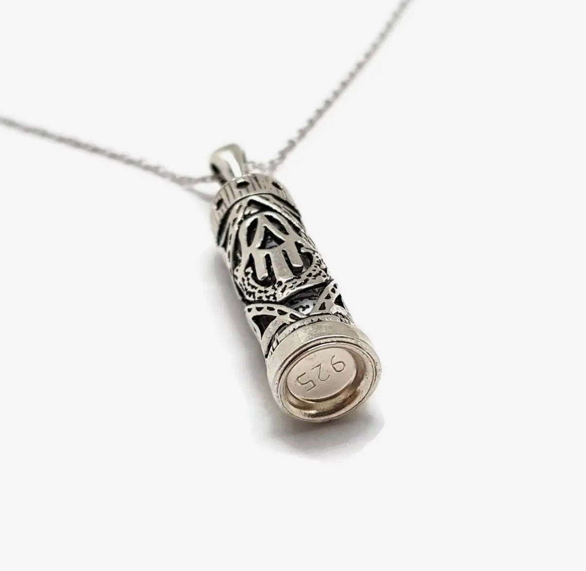 Sterling silver mezuzah case pendant with hamsa design and chain | Judaica Square Lakewood (view 7)