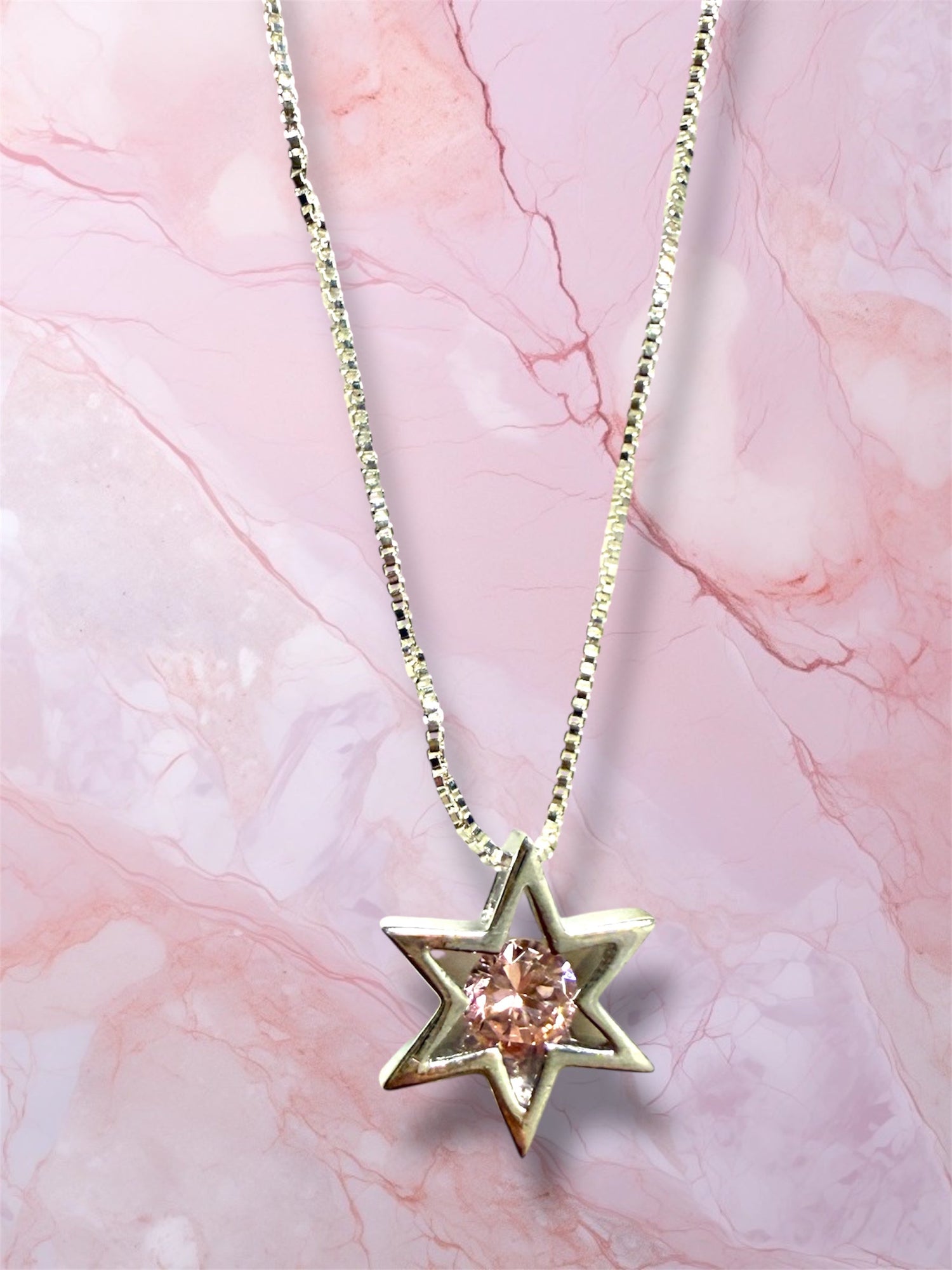 Modern sterling Star of David pendant centered with a pink stone | Judaica Square Lakewood (view 6)