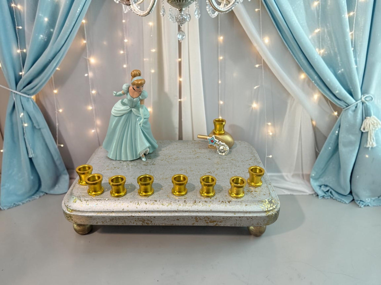 Cinderella menorah — Disney princess figurine on silver base with nine gold cups | Judaica Square Lakewood (view 7)