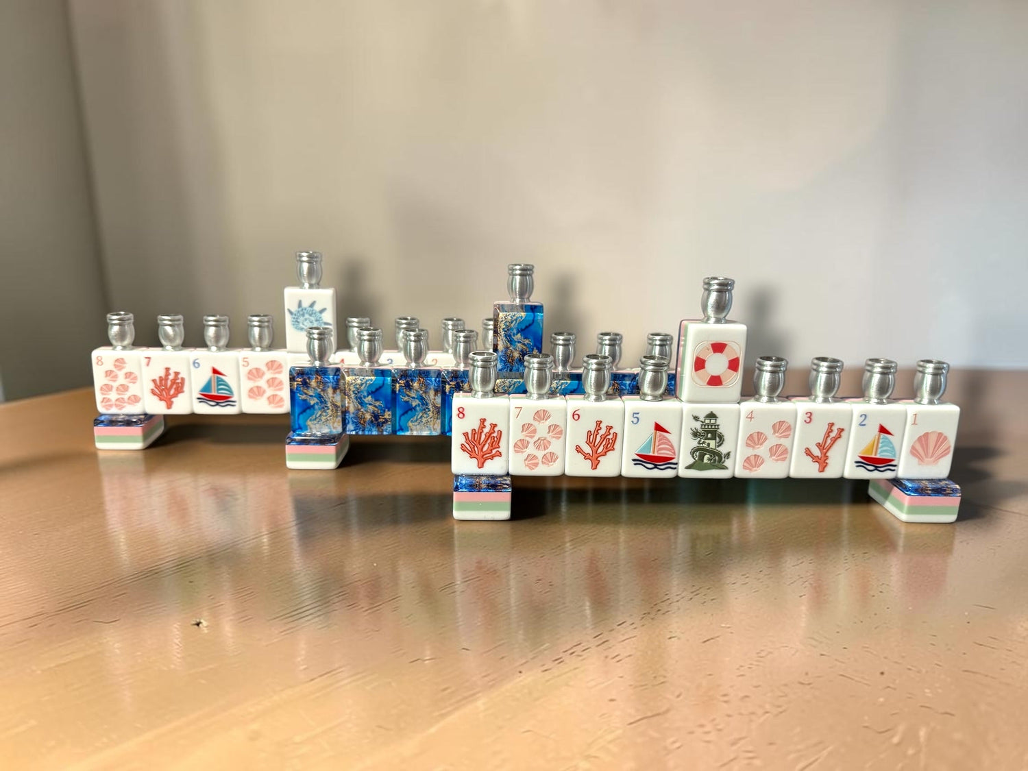 Mah Jongg menorah — repurposed game tiles with numbered aluminum candle cups | Judaica Square Lakewood (view 20)