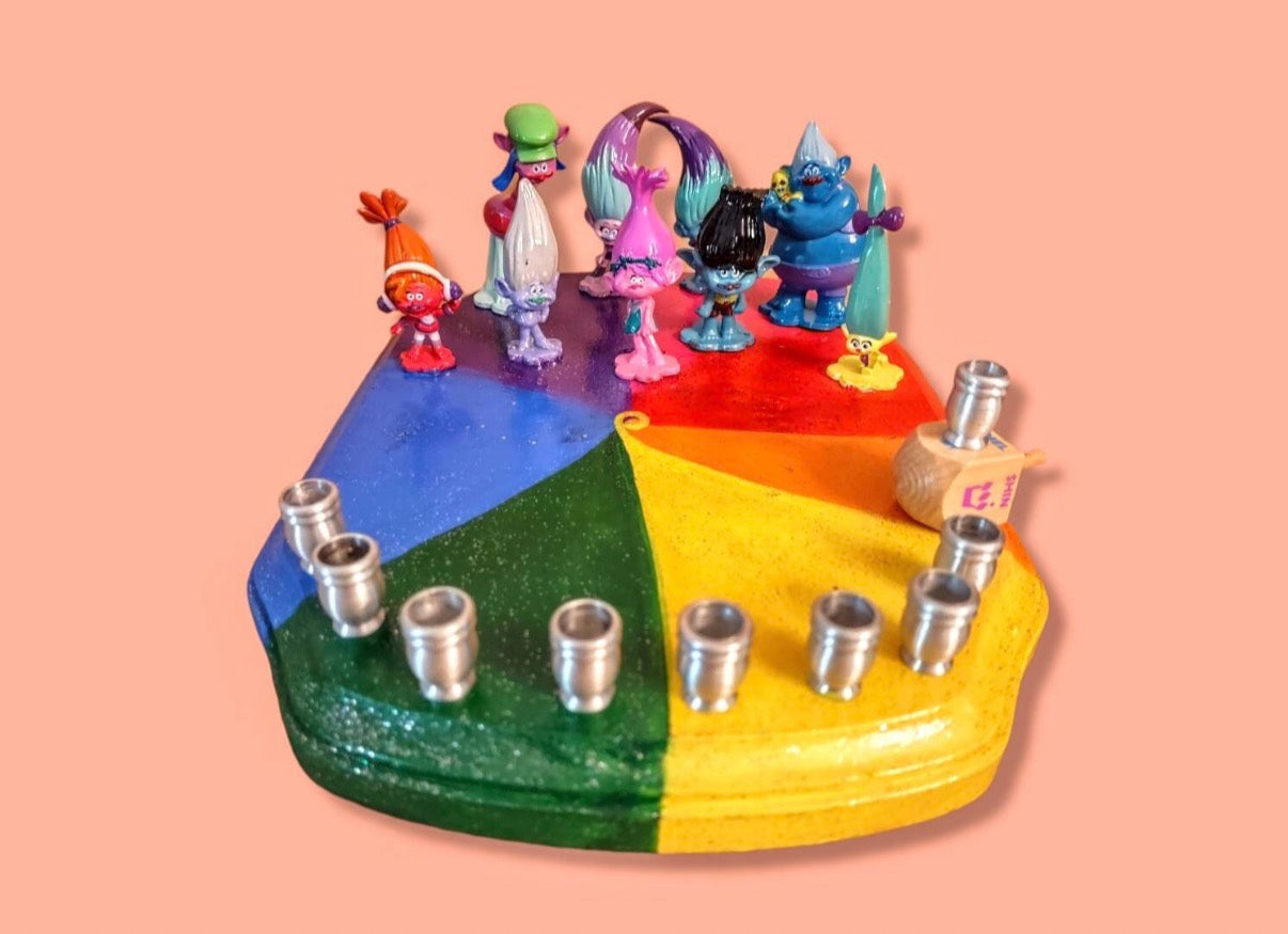 Trolls World Tour Menorah — Poppy and Tiny Diamond figures on painted plaque | Judaica Square Lakewood (view 3)