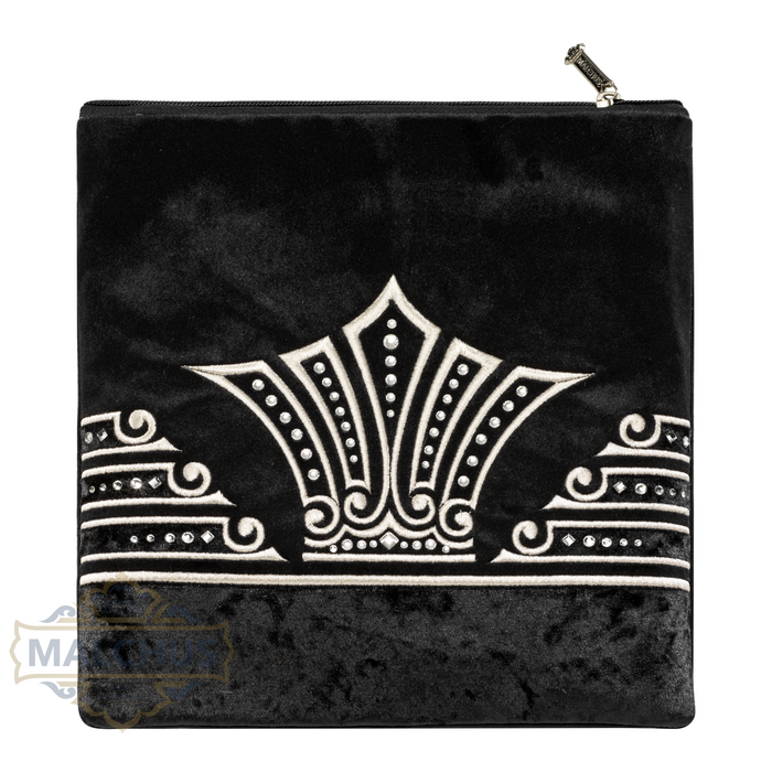 Silver scrollwork embroidery on black velvet tallis bag design 250 | Judaica Square Lakewood