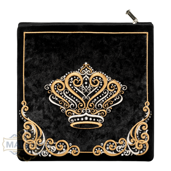 Black velvet tallis bag with gold embroidered crest design 260 | Judaica Square Lakewood