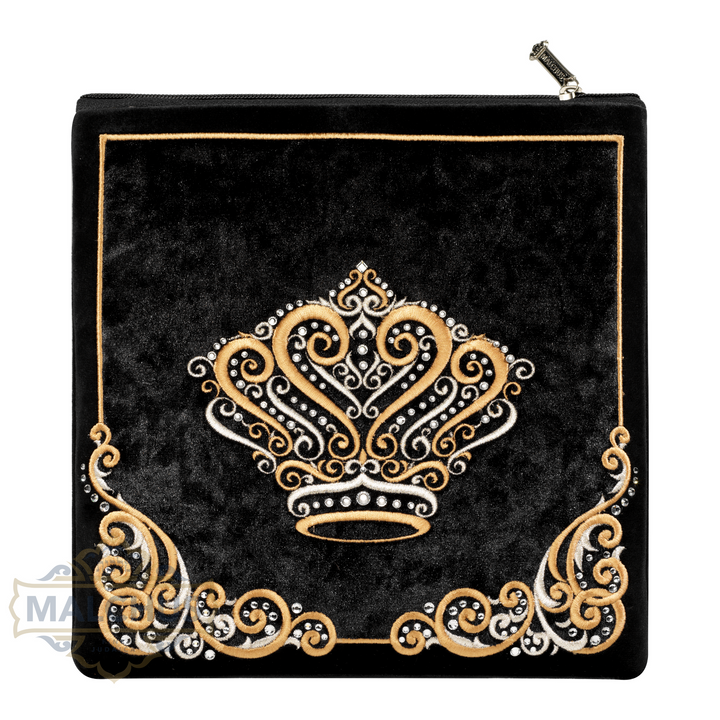 Black velvet tallis bag with gold embroidered crest design 260 | Judaica Square Lakewood