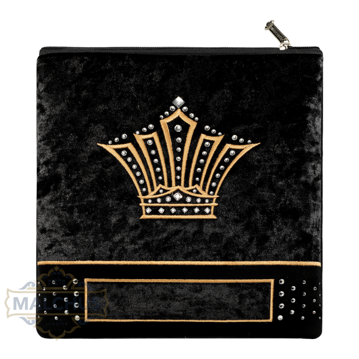 Symmetrical gold embroidery on black velvet tallis bag design 320 | Judaica Square Lakewood