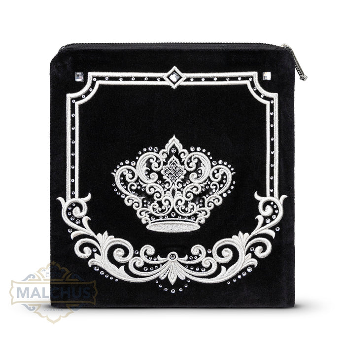 Broad silver embroidered face on black velvet tallis bag design 750 | Judaica Square Lakewood