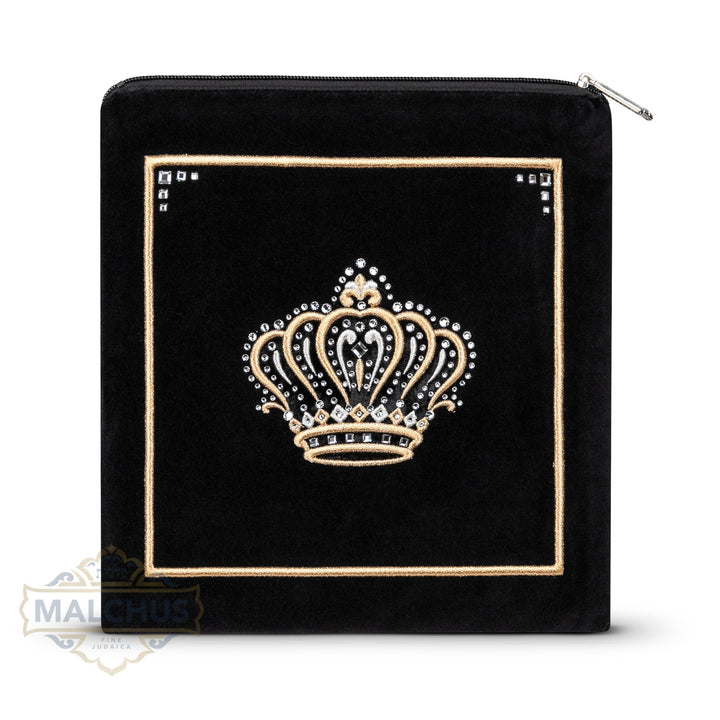 Gold embroidered crown keser motif on black velvet tallis bag 770 | Judaica Square Lakewood