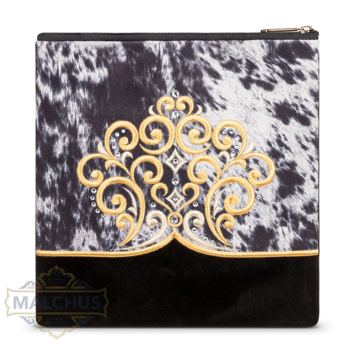 Gold geometric band embroidery on black velvet tallis bag design 790 | Judaica Square Lakewood