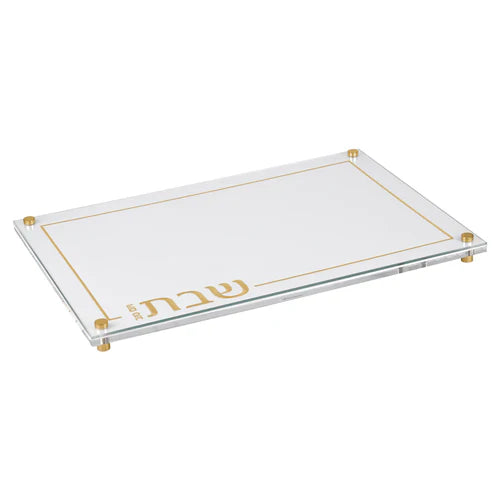BT Shalom Collection: Lucite Leather Challah Board with Glass Top - White