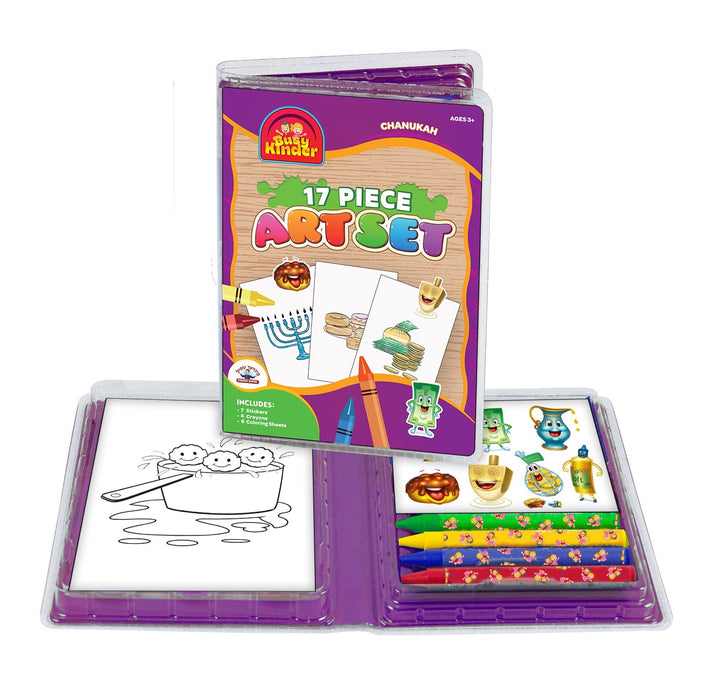 Chanukah 17 Piece Art Set opened to show coloring sheets, four crayons and Chanukah stickers in a purple case