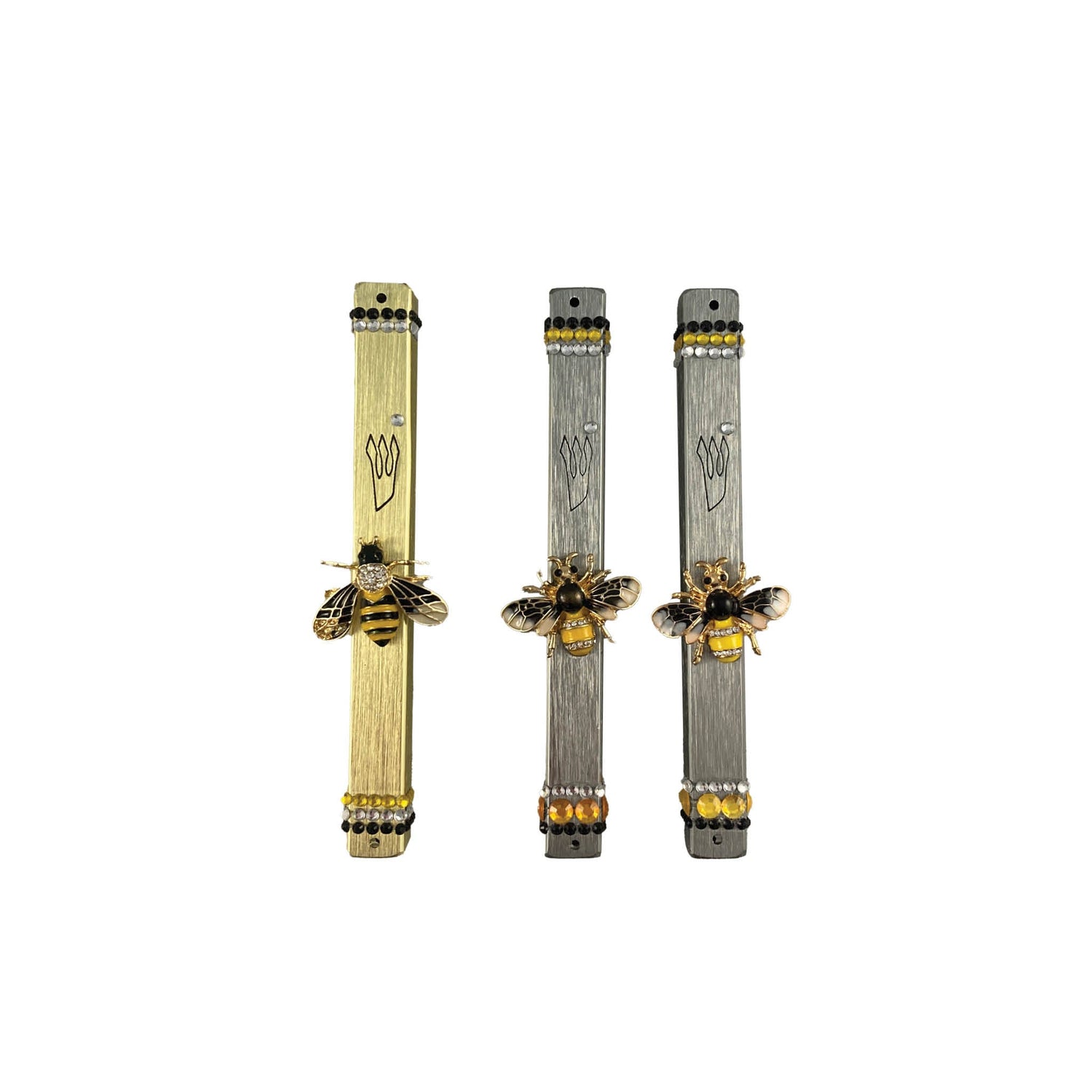 Bee and wasp mezuzah case — gold aluminum with jeweled enamel insect pins | Judaica Square Lakewood (view 6)