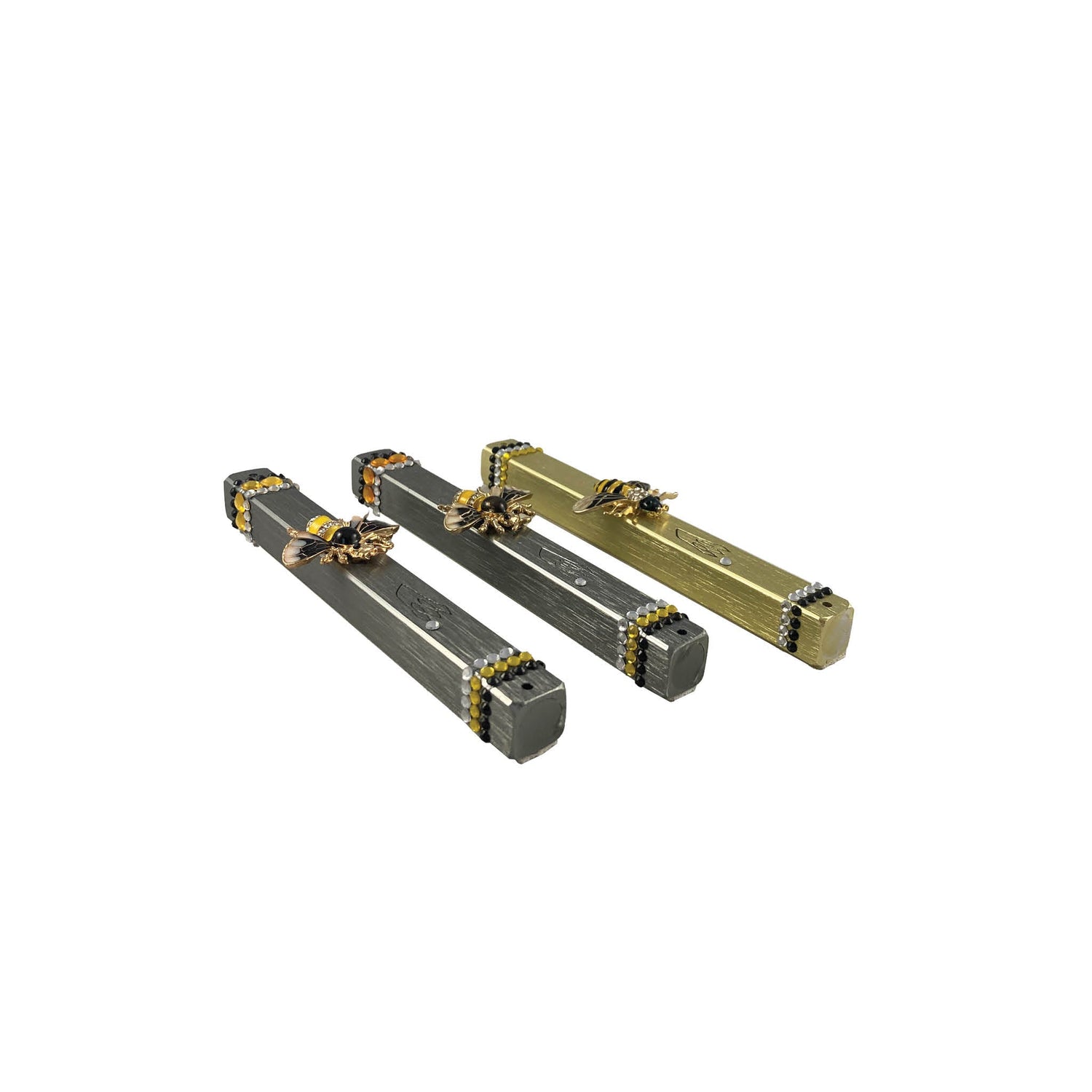 Bee and wasp mezuzah case — gold aluminum with jeweled enamel insect pins | Judaica Square Lakewood (view 2)