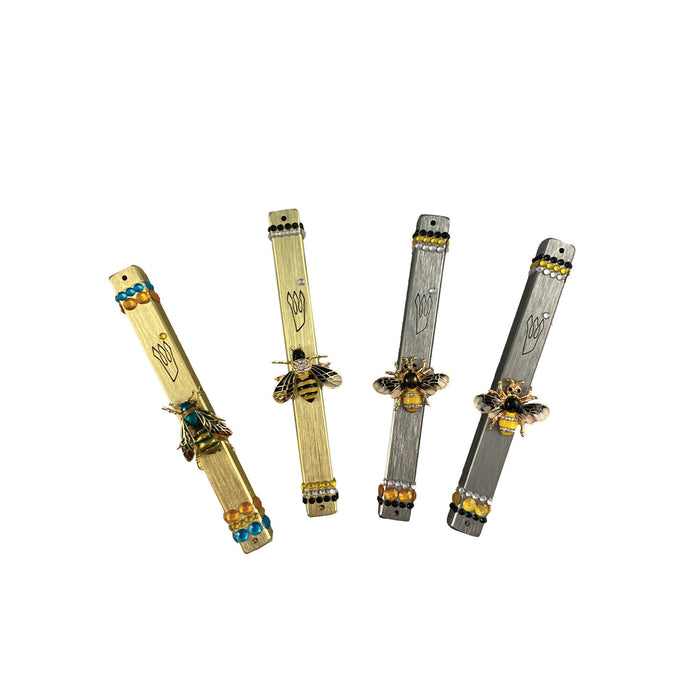 Bee and wasp mezuzah case — gold aluminum with jeweled enamel insect pins | Judaica Square Lakewood