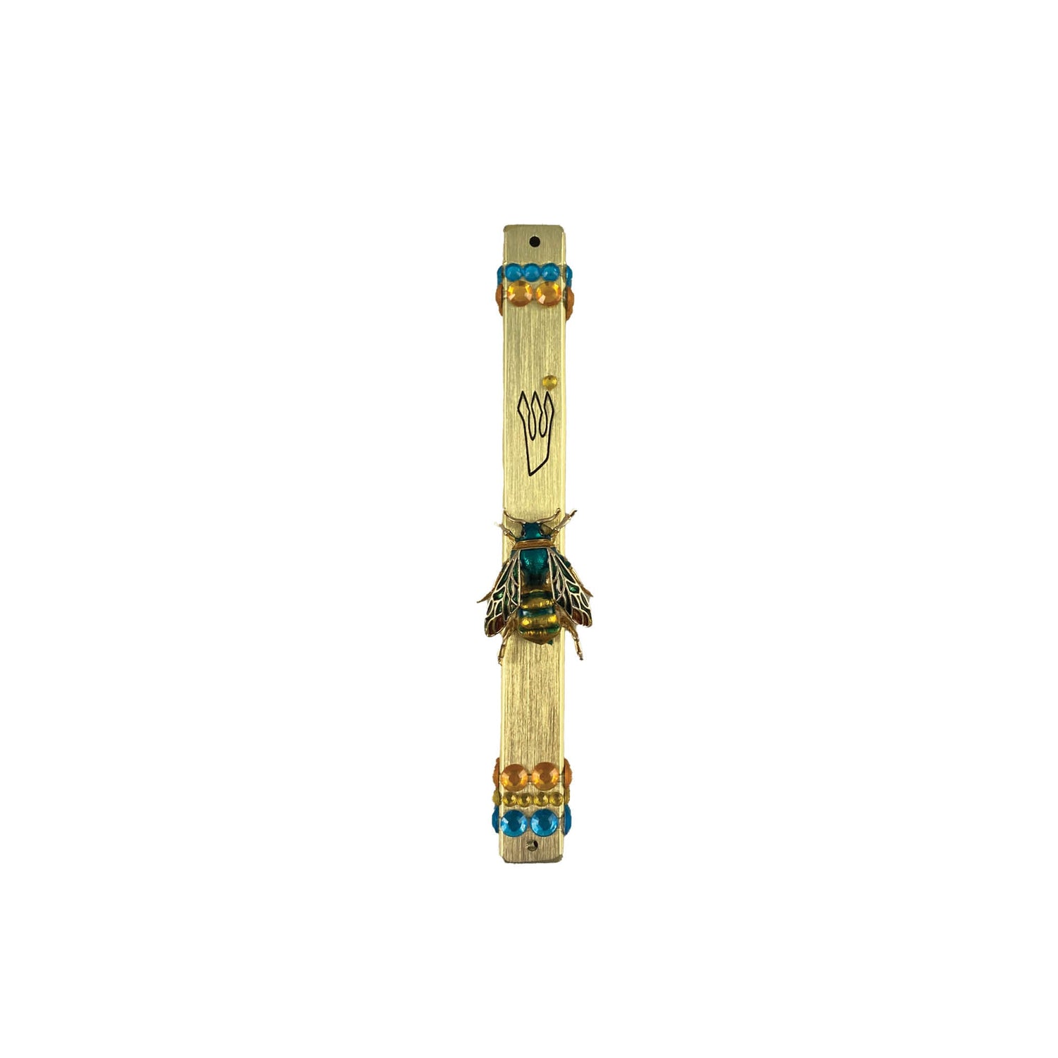 Bee and wasp mezuzah case — gold aluminum with jeweled enamel insect pins | Judaica Square Lakewood (view 4)