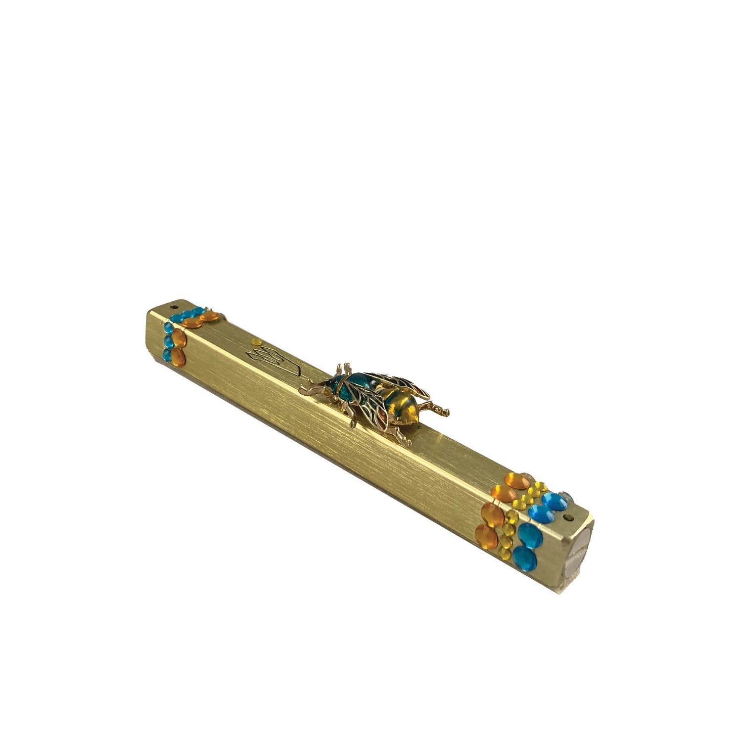 Bee and wasp mezuzah case — gold aluminum with jeweled enamel insect pins | Judaica Square Lakewood (view 3)