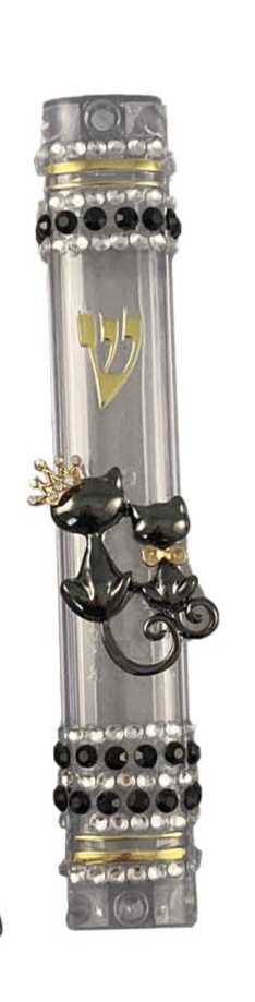 Black and white bling mezuzah case — aluminum body studded with rhinestones and enamel jewelry | Judaica Square Lake (view 8)